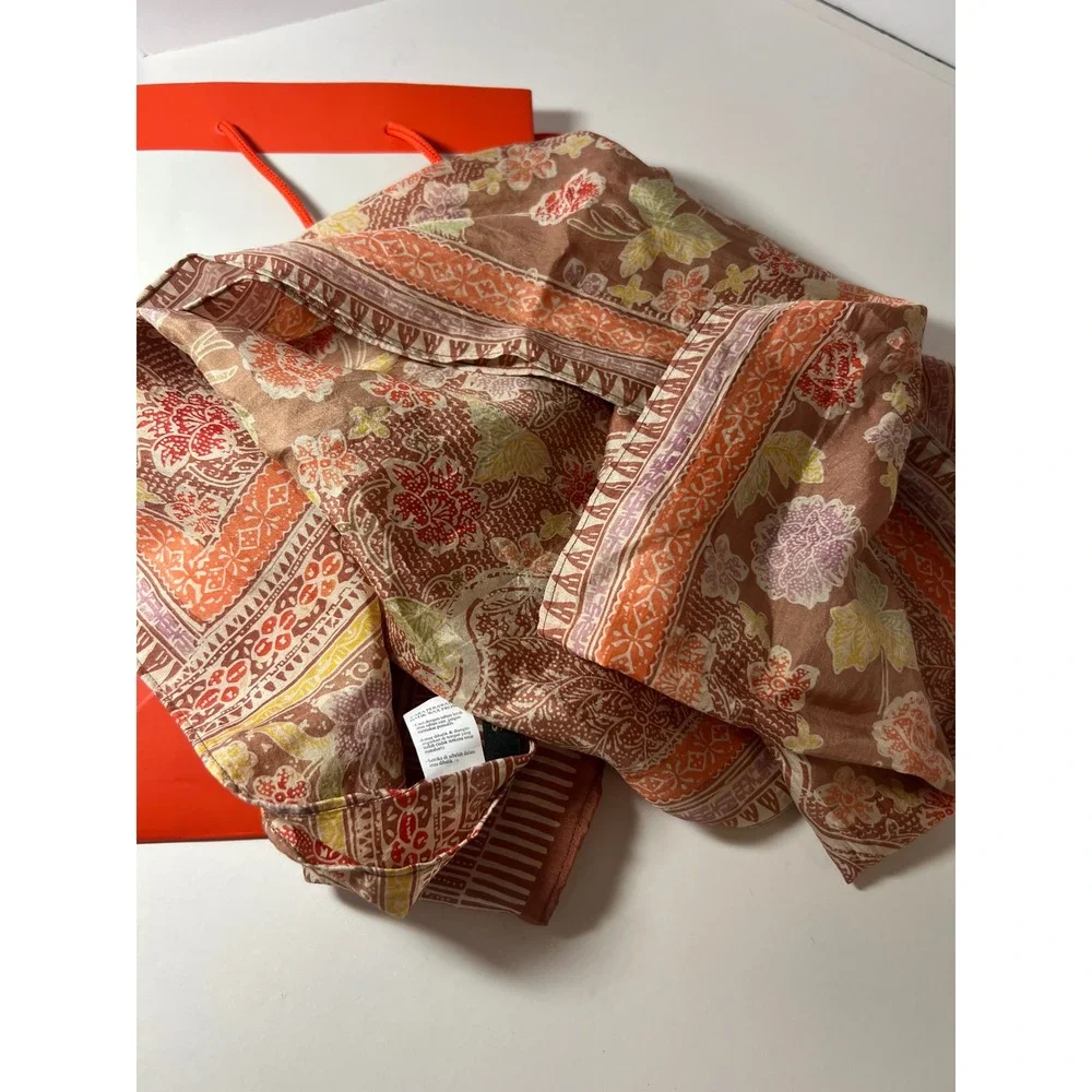 Womens Batik Keris Silk Floral Rectangular Scarf Orange Brown NWT 14 x 66